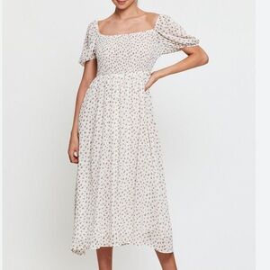 Cream Midi Dress Black & Beige print, square neckline, short puff sleeves S